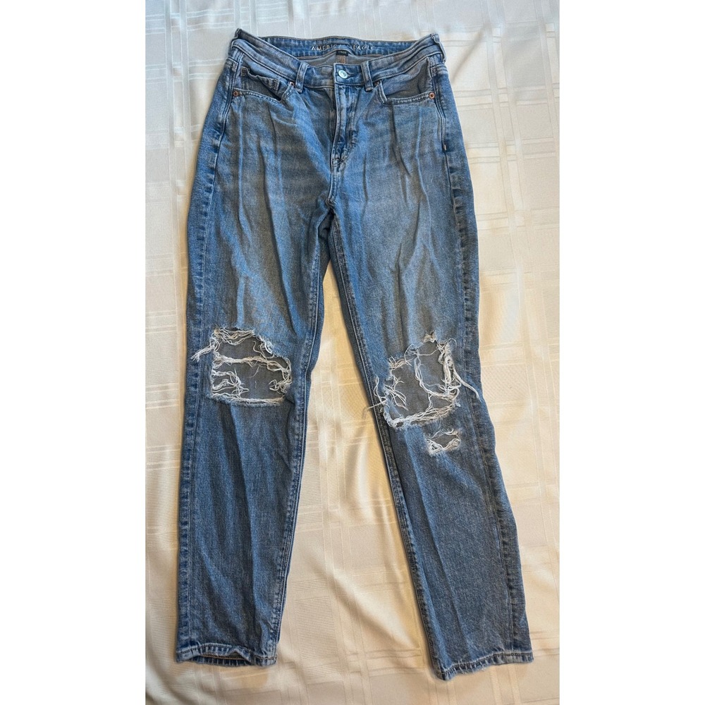 American Eagle Jeans Womens 4 Blue Mom Strigid Ripped Distressed High Rise Denim